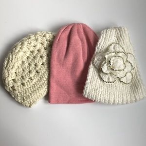 Hat/headband lot. A beanie, knit headband, rhinestone flower, crochet beanie